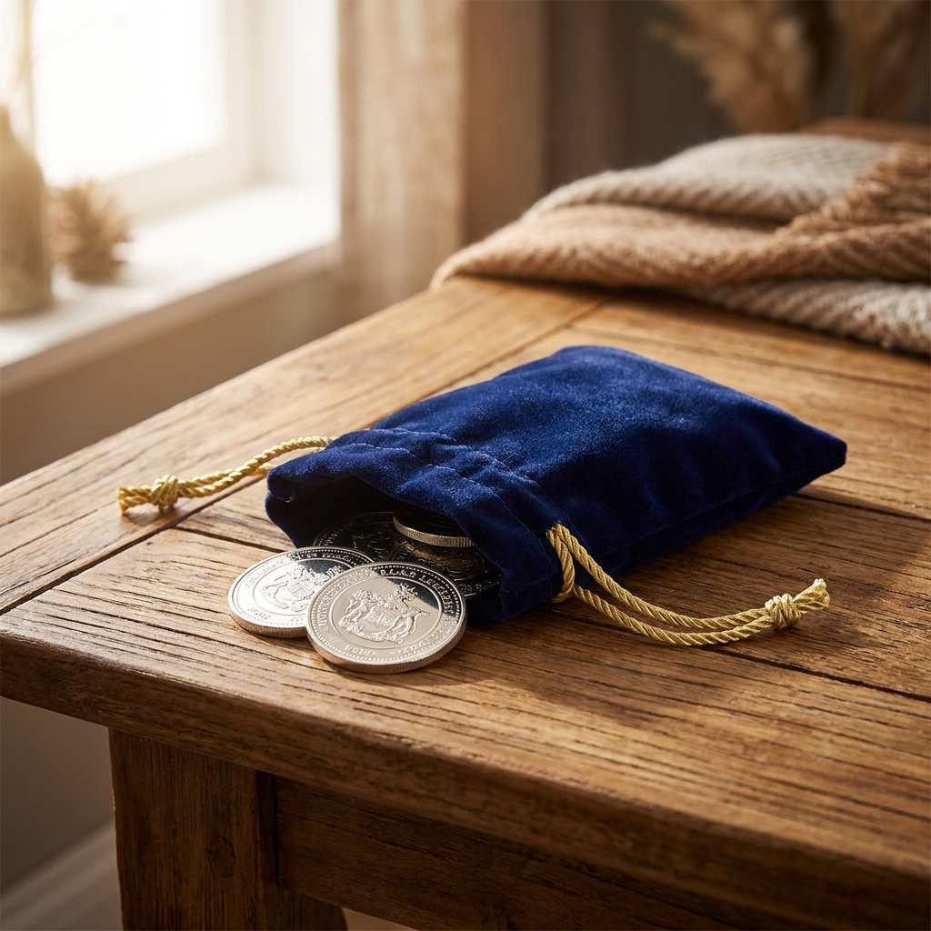 Velvet pouch with coins spilling out